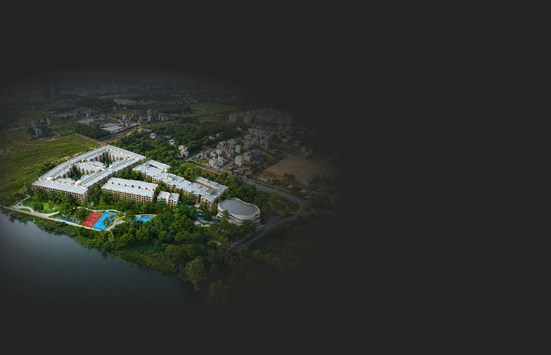 Aerial view of the residences surrounded by greenery and connectivity