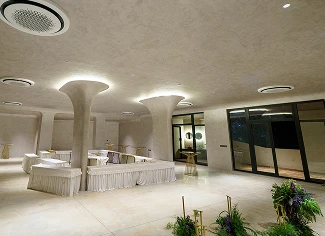 Clubhouse interior with curved lighting