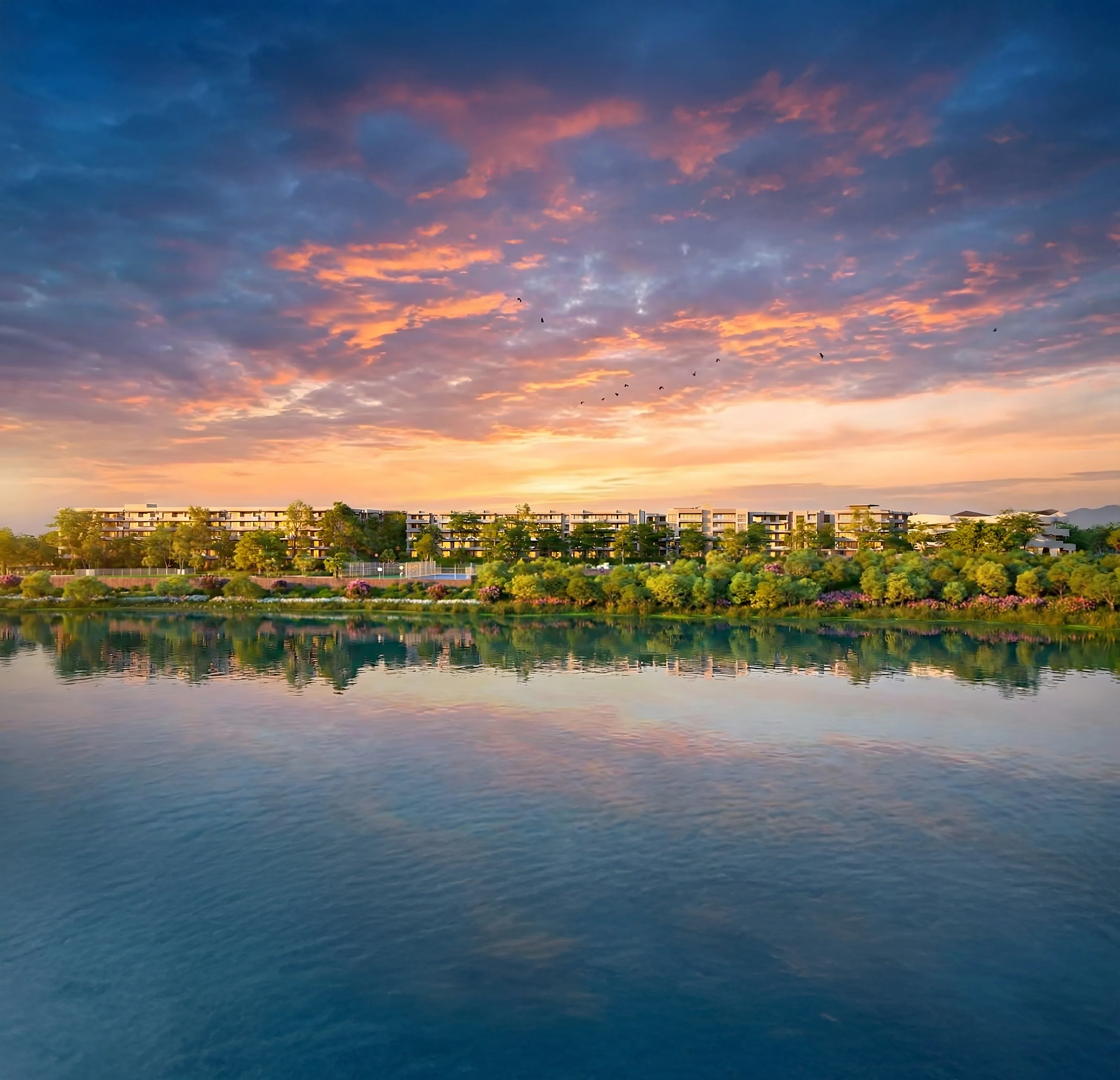 Lakefront residences at sunset